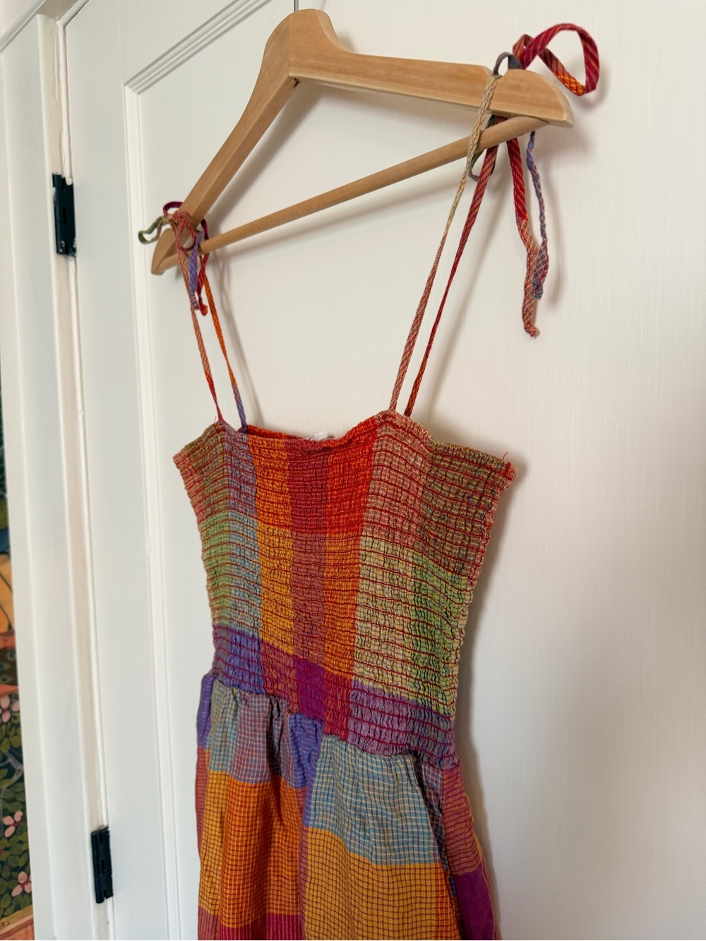 dRA 100% Linen Wide Leg Smocked Colorful Checkered Plaid Print Jumpsuit - MP - Picture 2 of 11